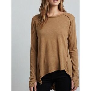 We The Free Boho Distressed Raw Hem Long Sleeve Slouchy Tee Small